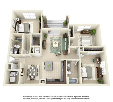 A 3D floor plan of a house with a kitchen, living room, and bathroom.